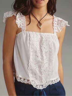 NWT Anthropologie White Lace-Trim Square Neck Women's Top